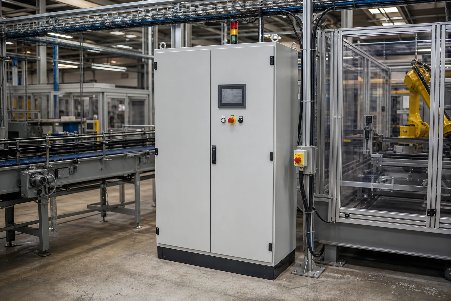 Industrial automation control enclosure installed beside a guarded conveyor and robotic work cell