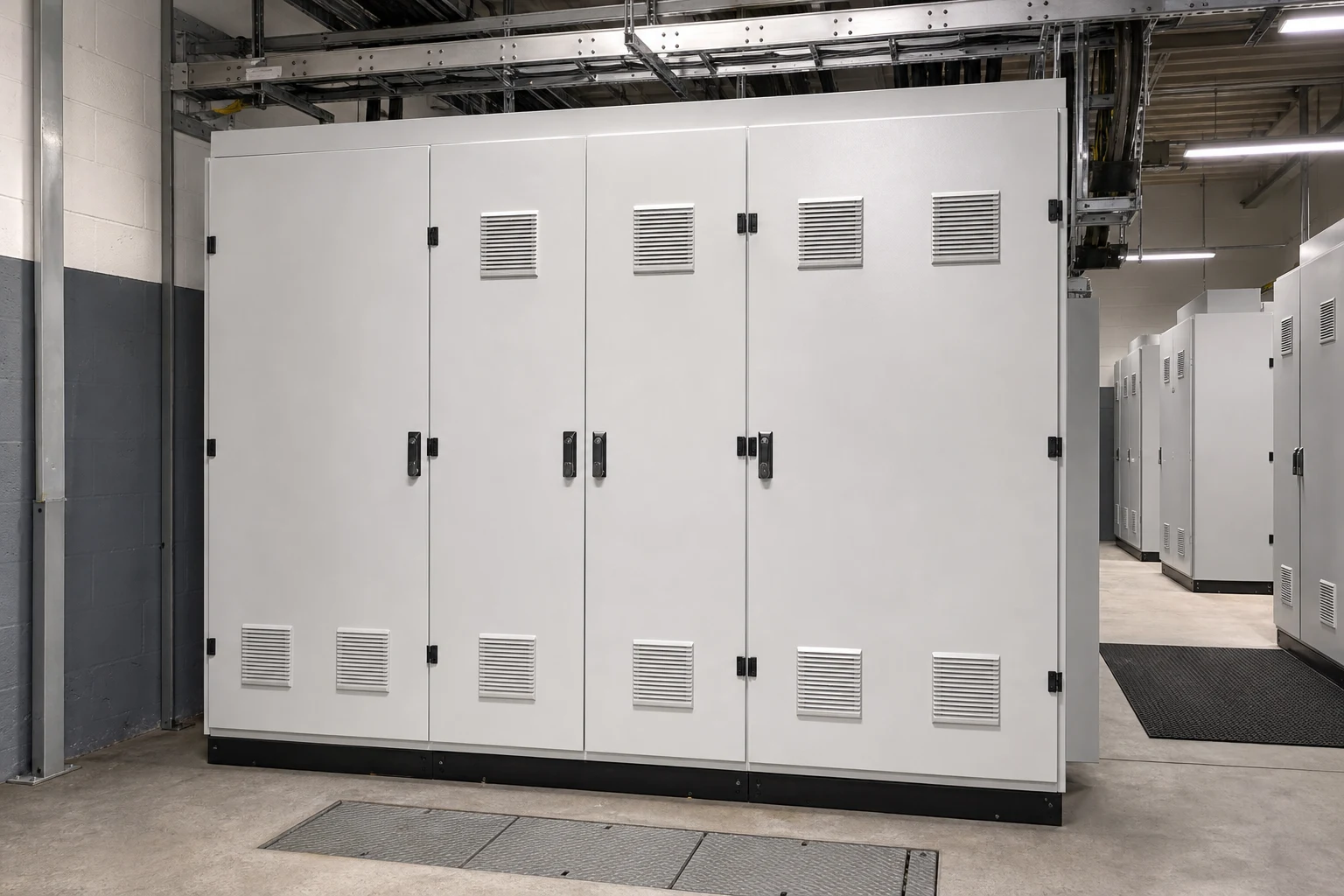 Floor-standing power distribution enclosures in an industrial electrical room