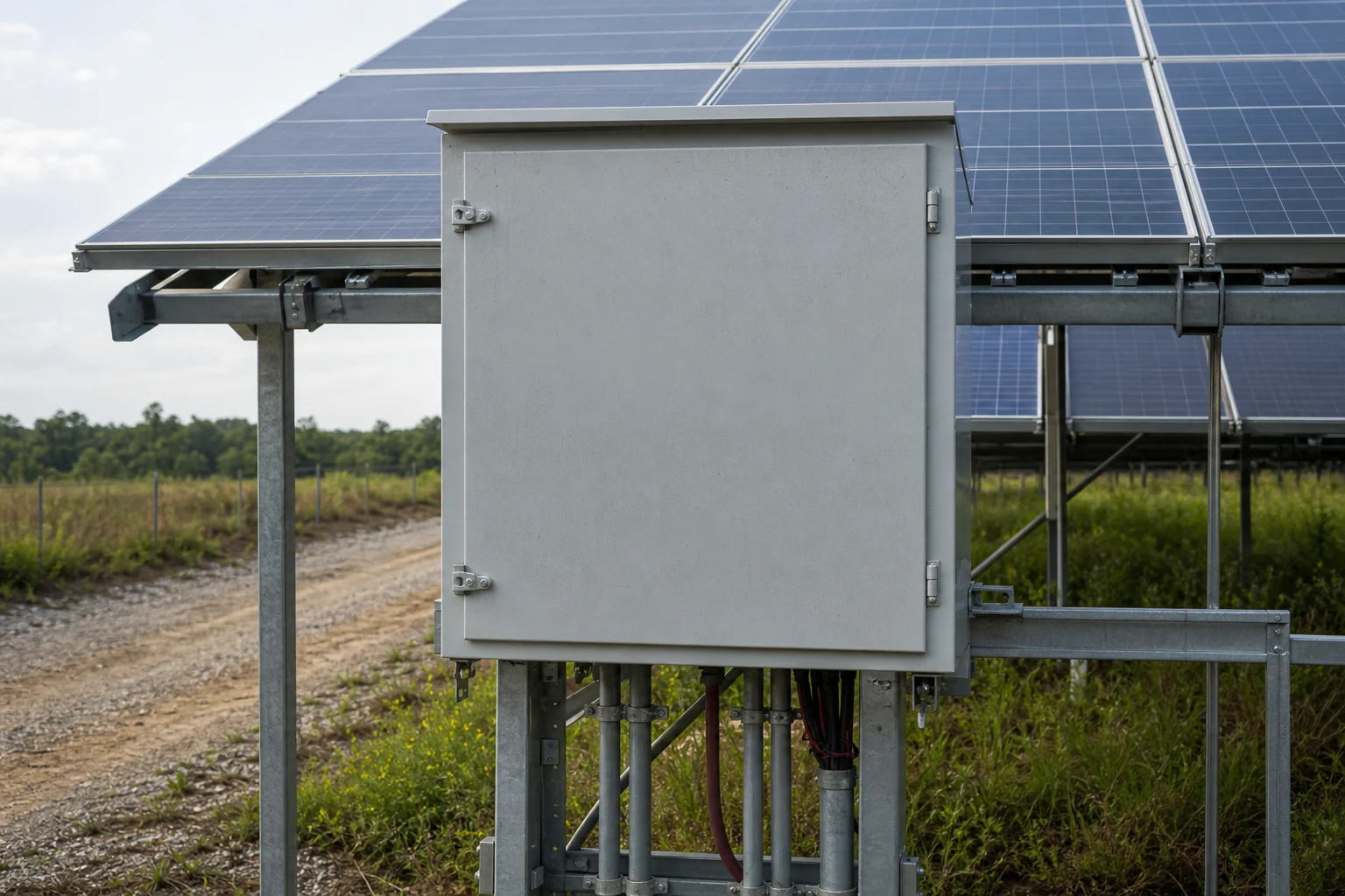 Solar electrical enclosure mounted below a commercial photovoltaic array