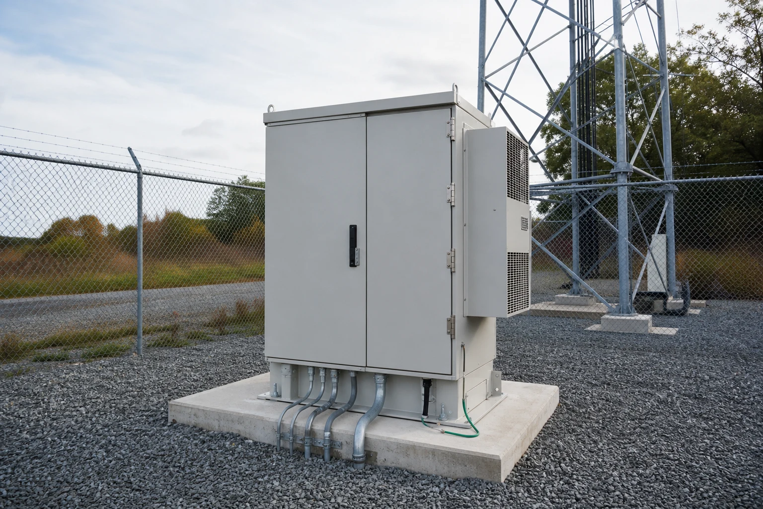 Outdoor telecom enclosure with a cooling module and cable conduits at a cellular tower site