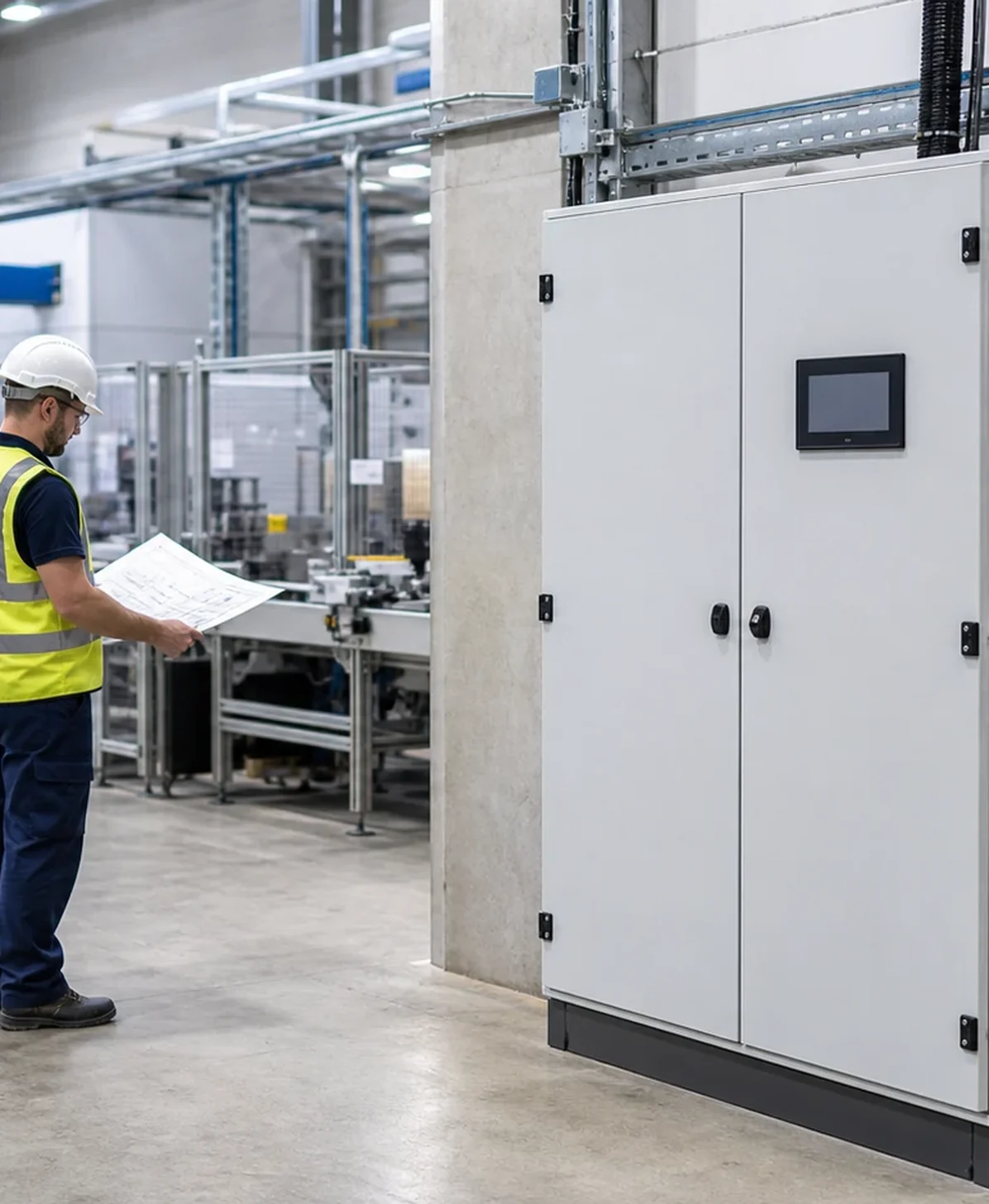 Engineer reviewing a floor-standing electrical control enclosure beside an automated production line