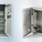 Open electrical enclosures showing perimeter foam gaskets and door sealing hardware