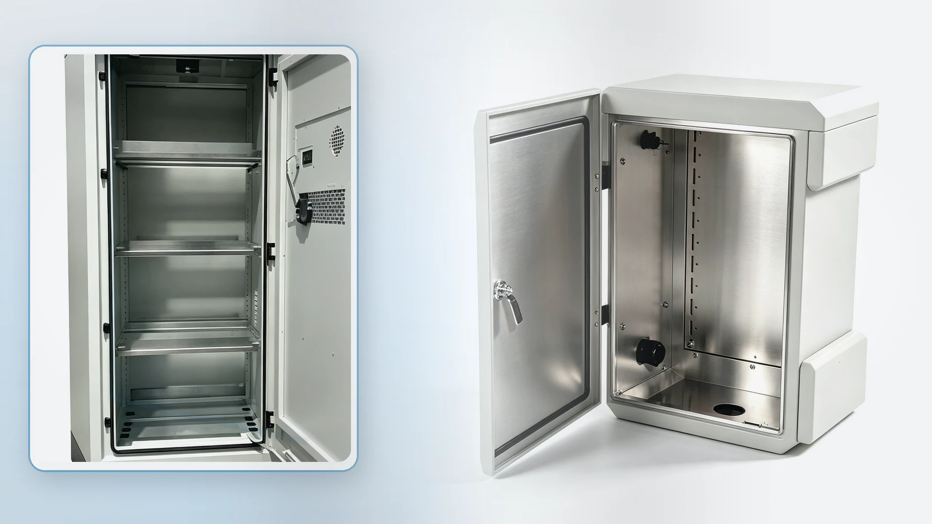 Open electrical enclosures showing perimeter foam gaskets and door sealing hardware