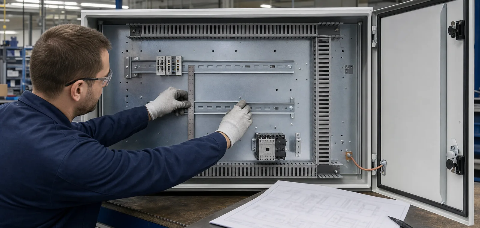 Technician aligning DIN rails and cable ducts on an enclosure backplate