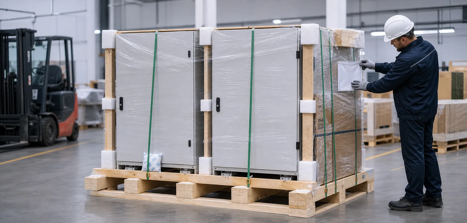 Industrial automation enclosures protected and strapped for export packing