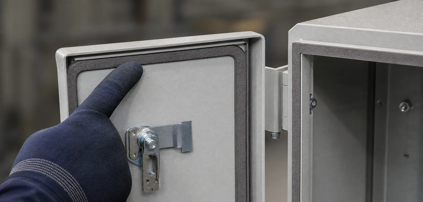 Close-up of an enclosure door gasket, sealing lip and compression latch