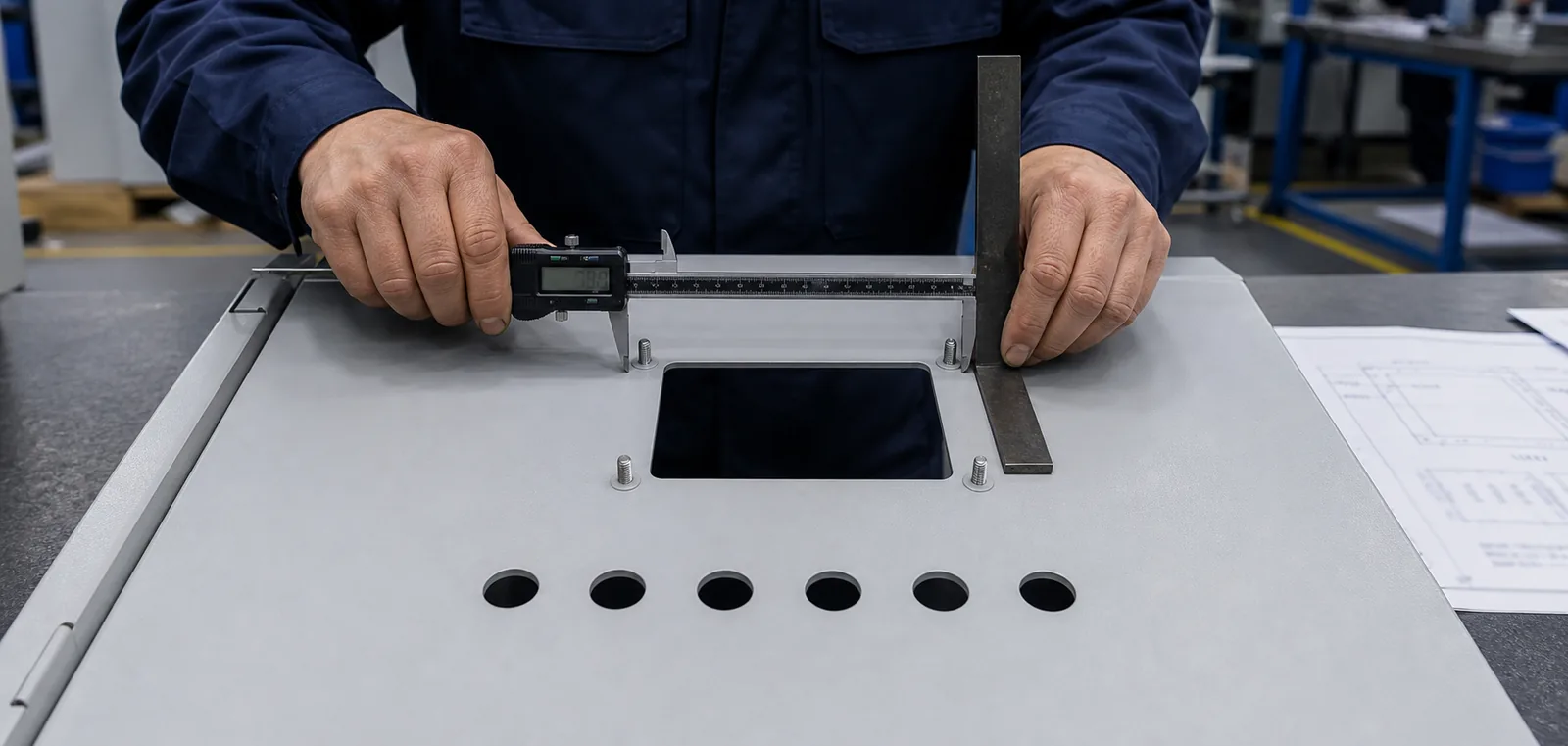 Technician measuring an HMI cutout and pushbutton holes on an enclosure door