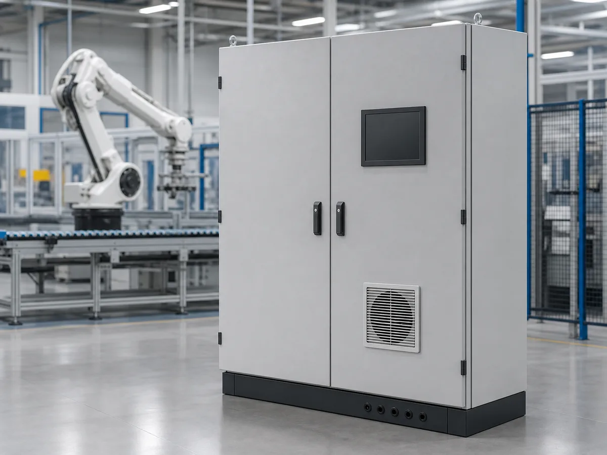 Custom industrial automation enclosure beside a robotic production line