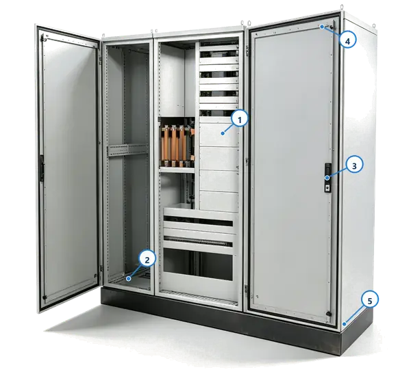 Modular electrical enclosure with numbered inspection points for cut-out layout, field drilling, door fit, environmental sealing, and shipping protection