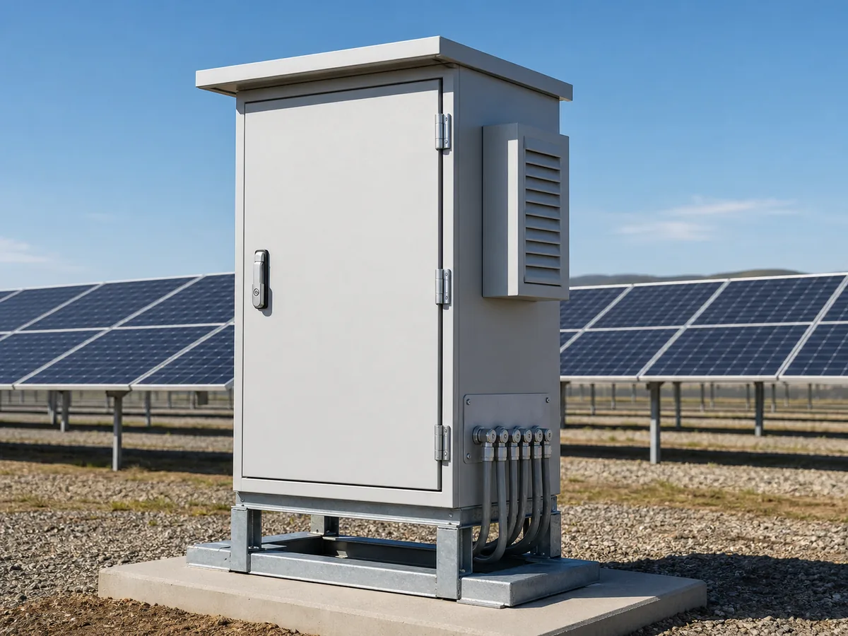 Outdoor solar electrical enclosure beside a photovoltaic panel array