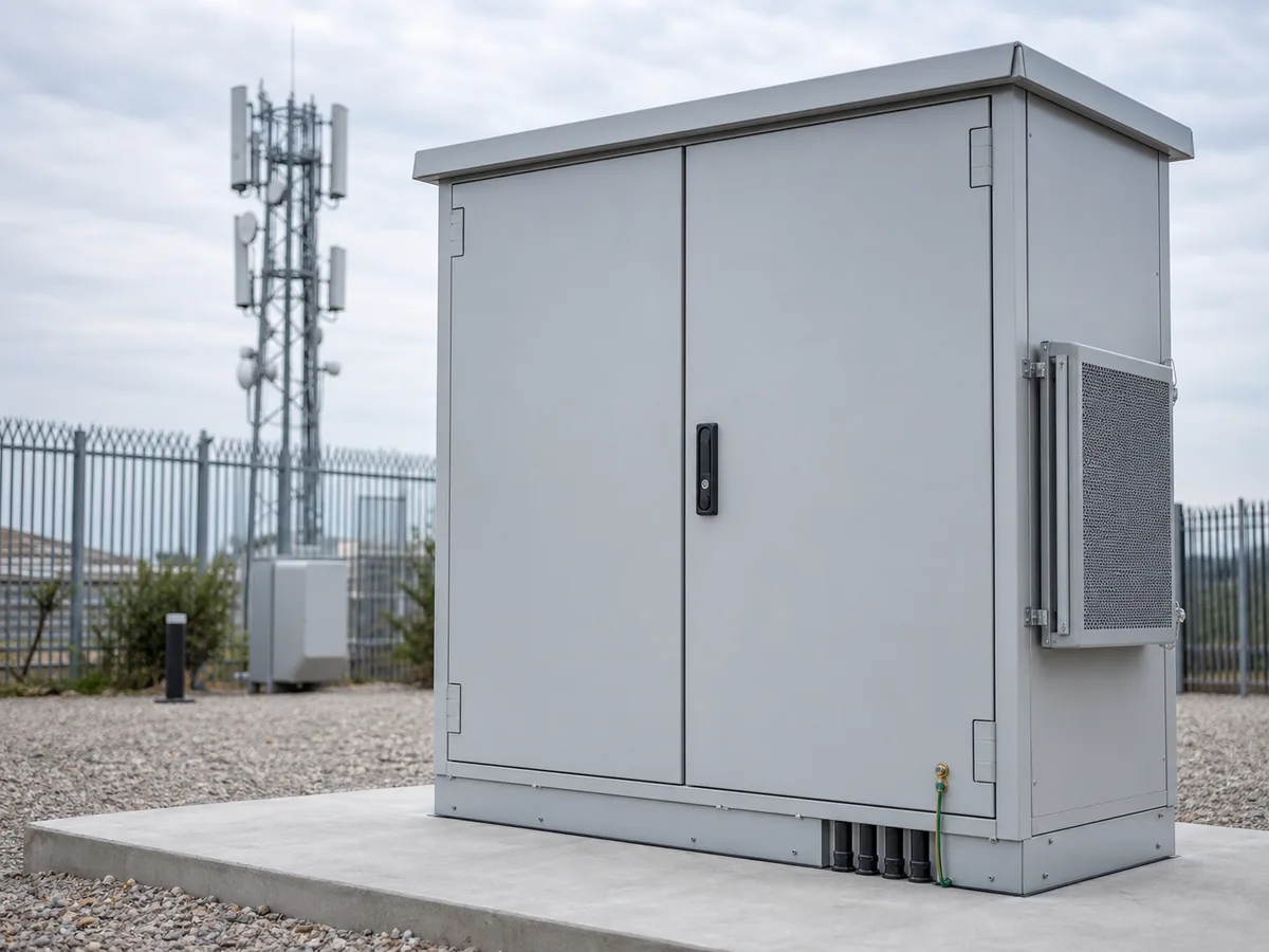 Outdoor telecom enclosure cabinet at a communications equipment site