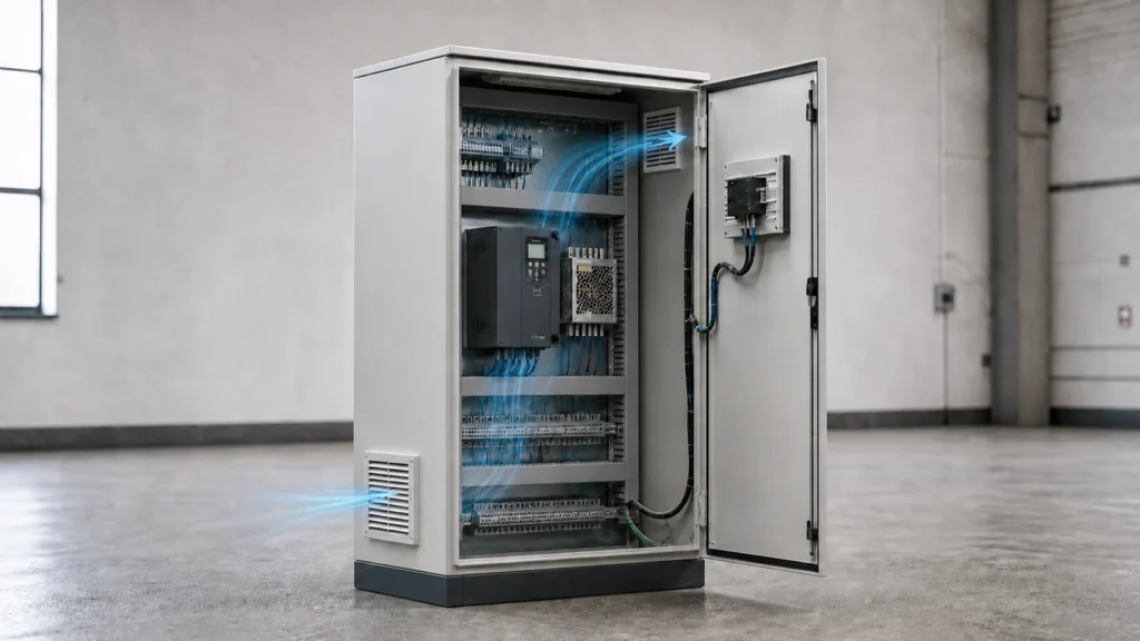 Electrical enclosure filter fan drawing cool air through cabinet components from a low intake to a high outlet