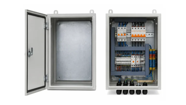 Empty electrical enclosure compared with a completed wired control panel