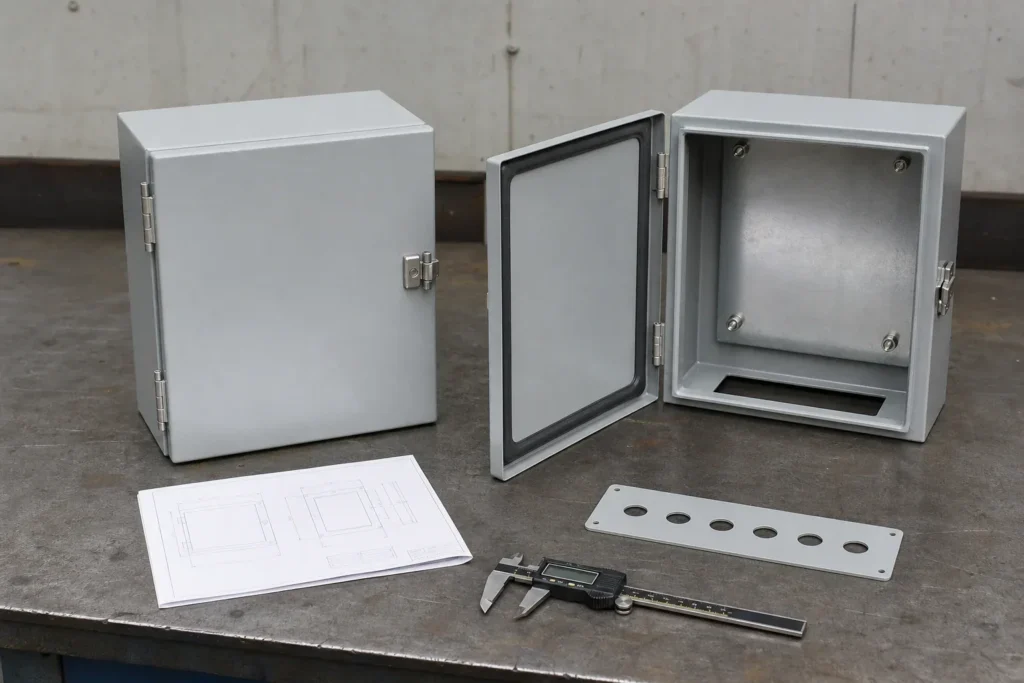 Standard and modified steel electrical enclosures on a fabrication workbench