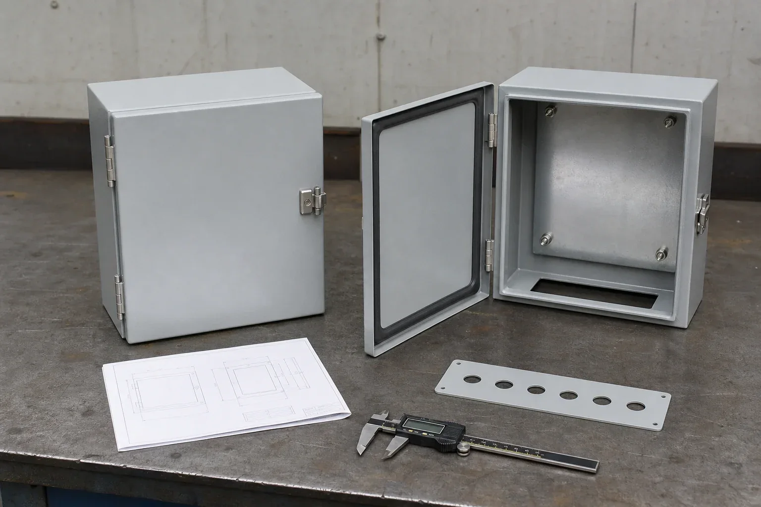Standard and modified steel electrical enclosures on a fabrication workbench
