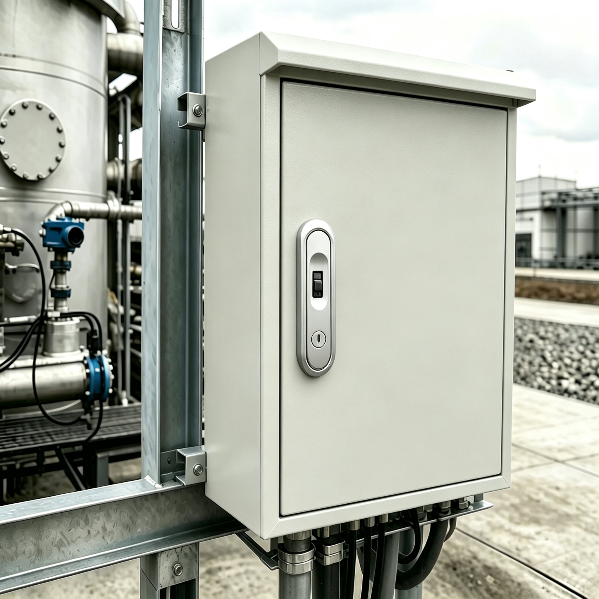 Outdoor industrial electrical enclosure mounted beside process equipment