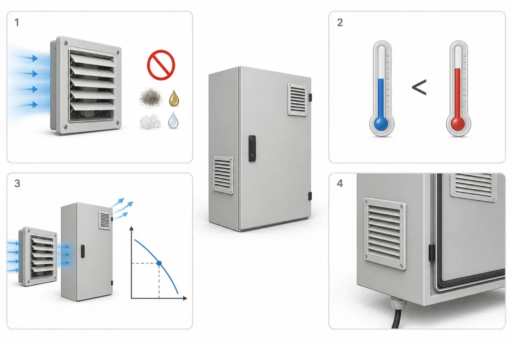 Four checks for selecting an electrical enclosure filter fan: air quality, temperature, airflow and cabinet assembly