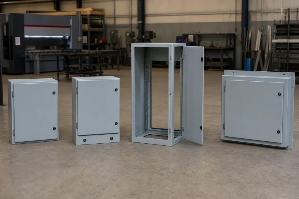 Standard, modified, modular, and custom electrical enclosure options in a fabrication shop