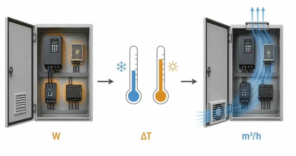 Electrical enclosure airflow calculation based on heat loss, allowable temperature rise and required fan airflow