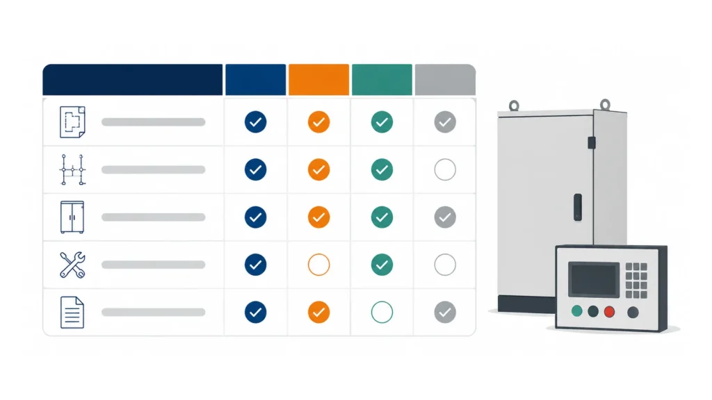 Three quotations compared by enclosure, mechanical assembly, and wired control panel scope