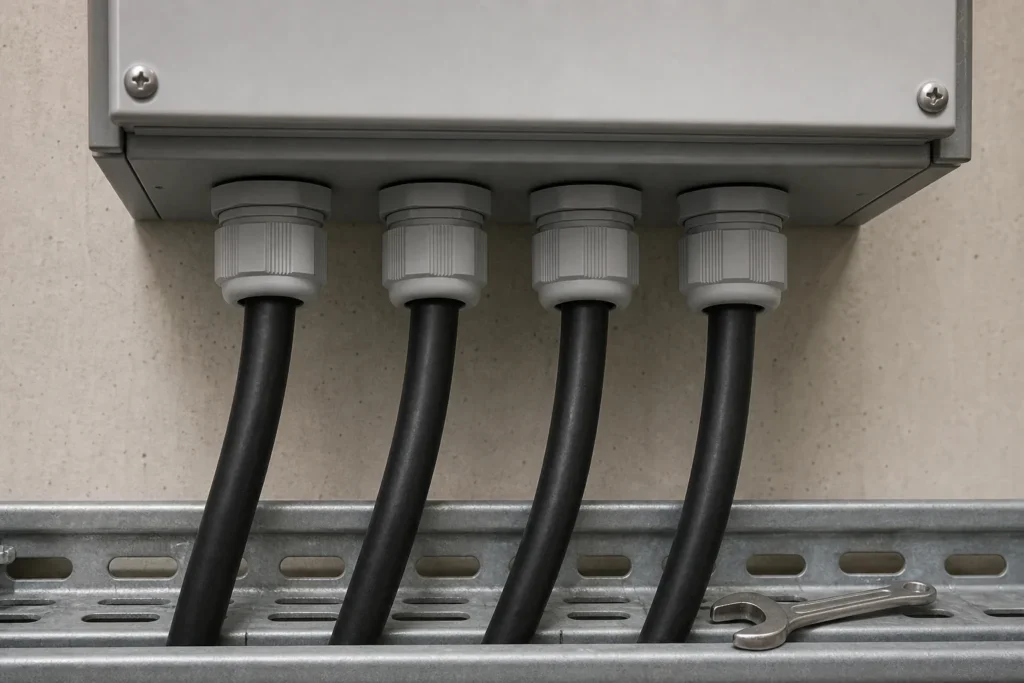 Four cable glands with cable bend space and wrench clearance