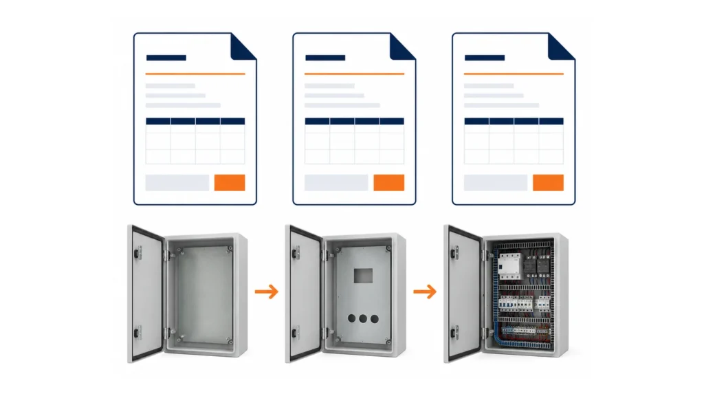 Control panel RFQ scope matrix showing included, optional, excluded, and buyer-supplied items