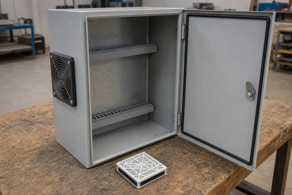 Open electrical enclosure with a continuous door gasket and serviceable filter