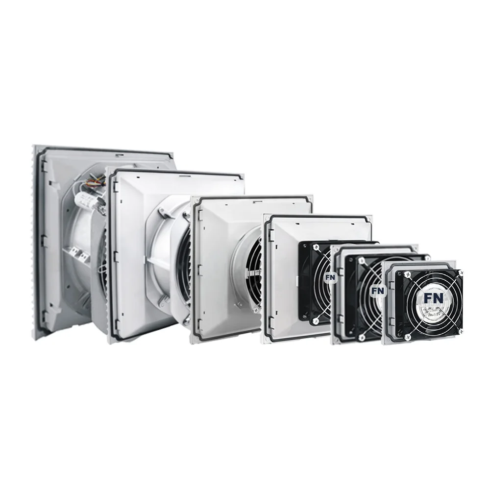 Electrical enclosure filter fan modules in multiple frame sizes with matching louvered covers