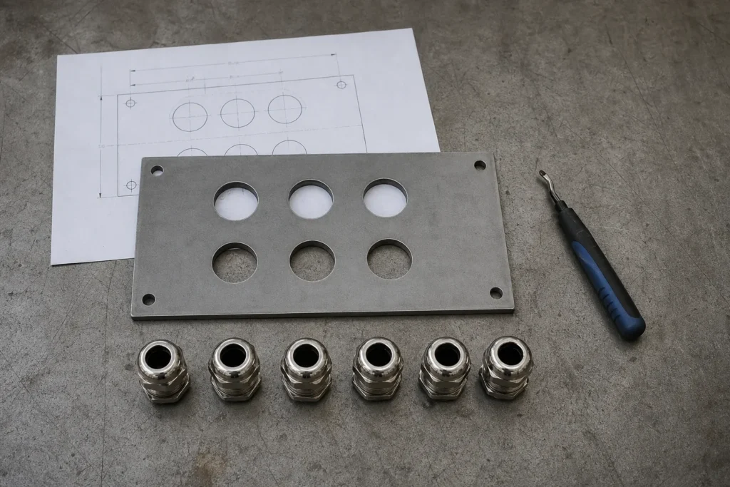 Six-hole gland plate with matching metal cable glands