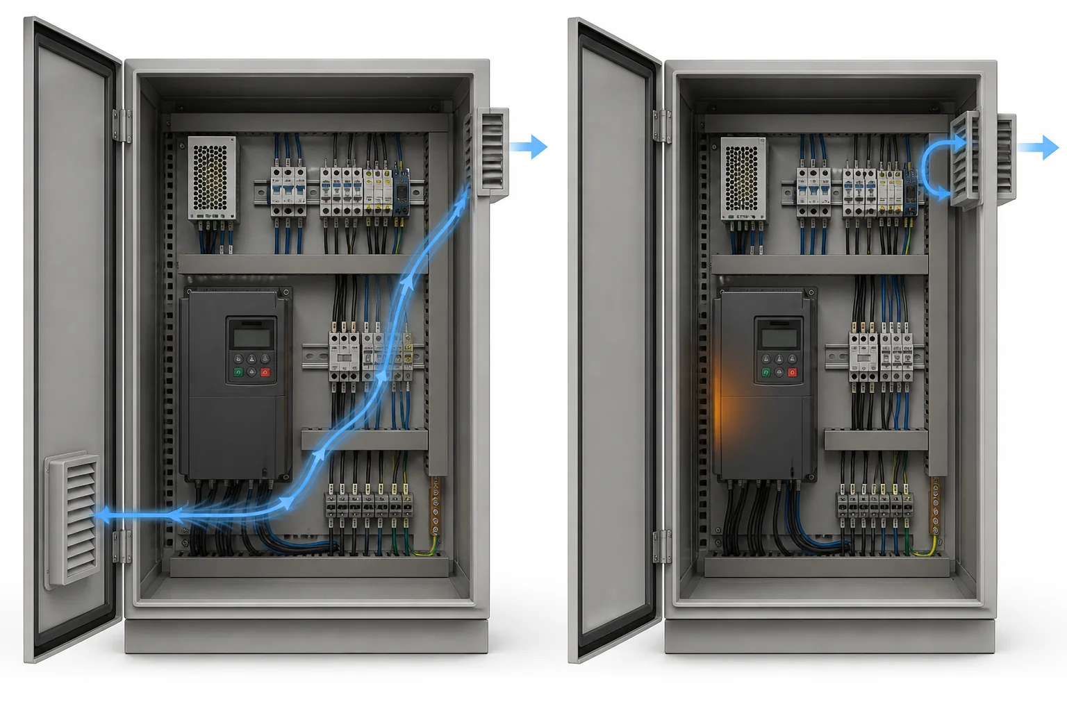 Correct cabinet airflow across a VFD compared with internal short-circuit airflow that bypasses the drive