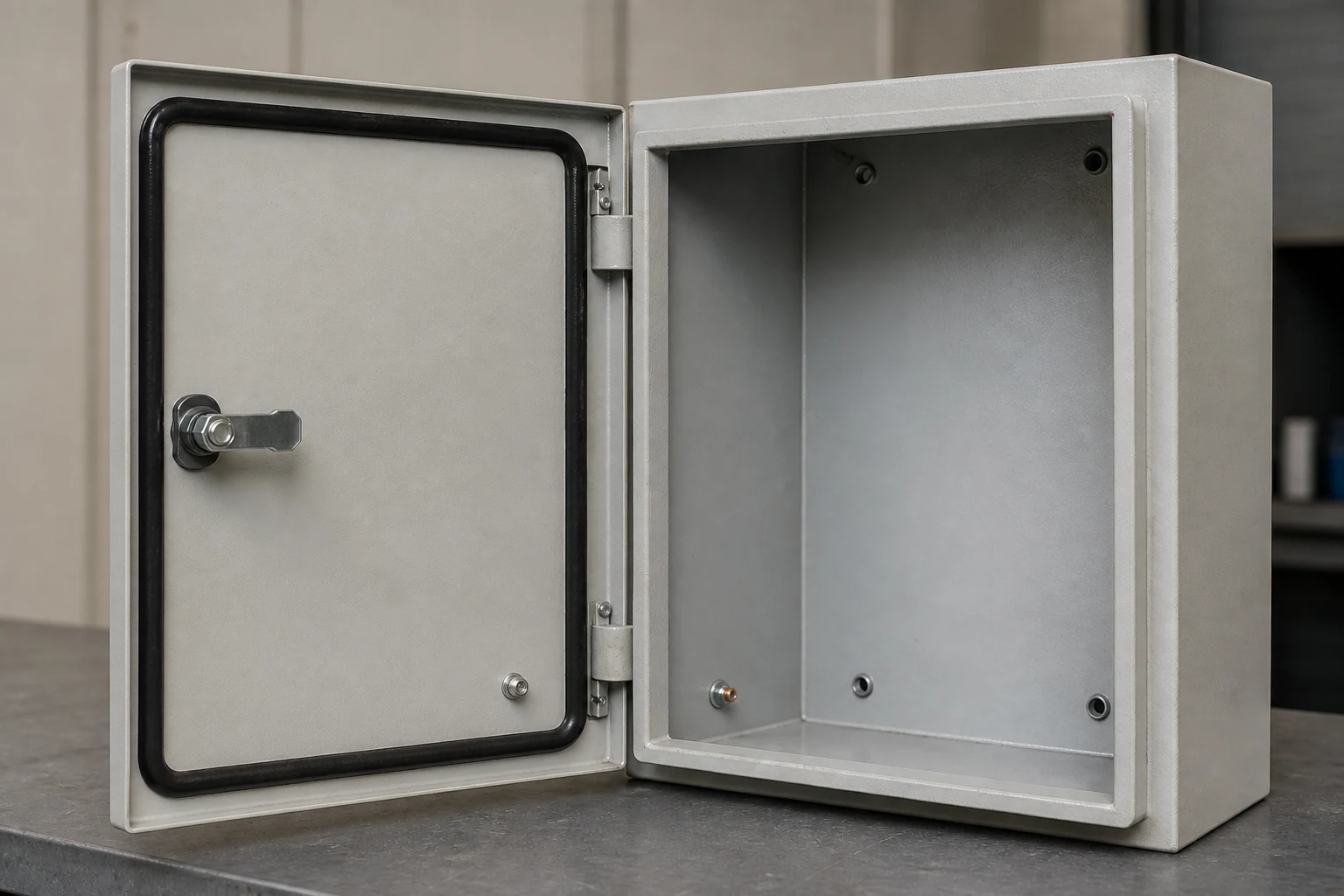 Open electrical enclosure showing a continuous door gasket and hinge area