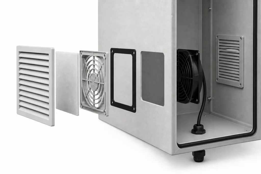 Exploded enclosure filter fan assembly with louver, filter mat, gasket, panel cutout, outlet and cable gland
