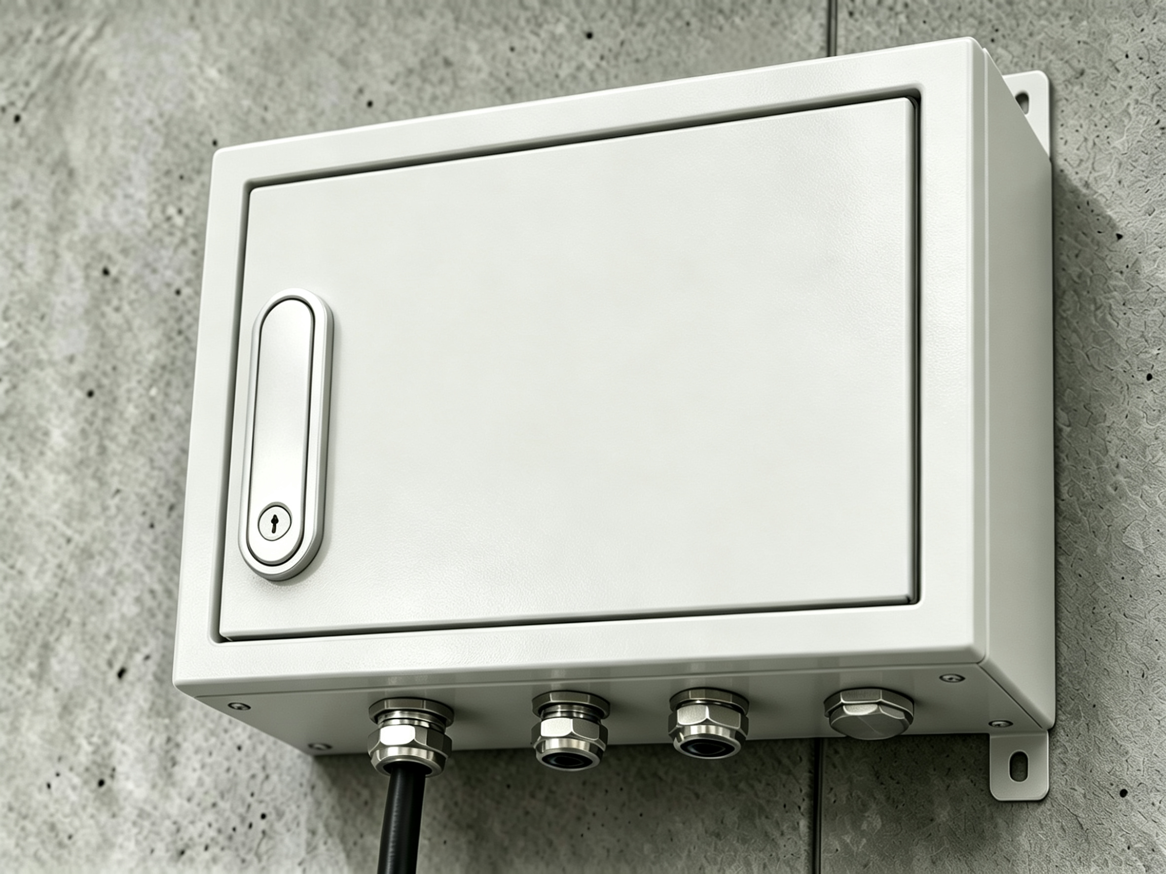 Metal cable glands installed through the bottom of an electrical enclosure