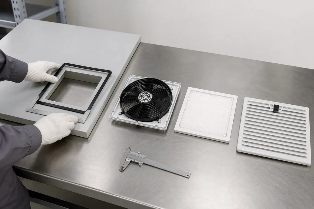 Technician checking a square filter fan cutout, gasket, frame, filter mat and louver before installation