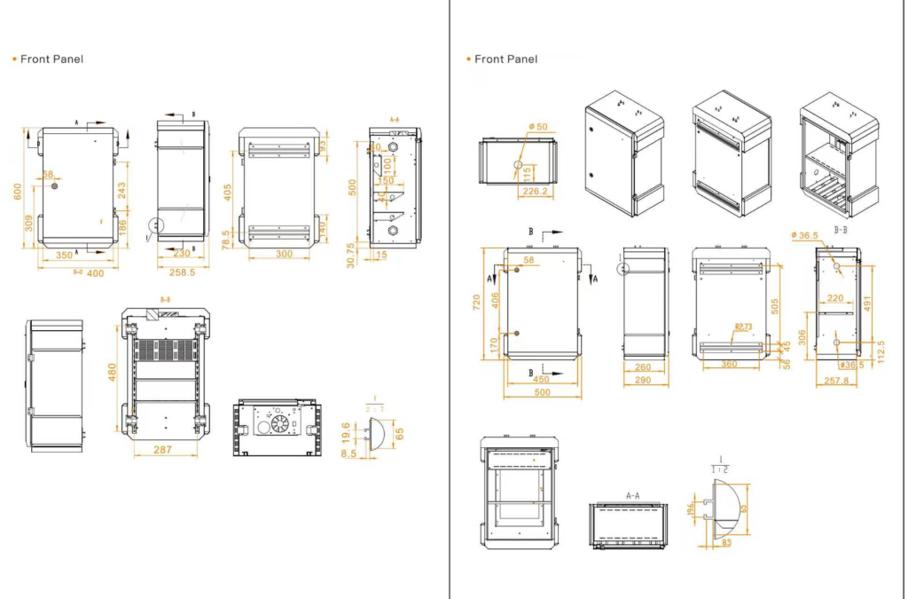 Controlled drawings for two outdoor enclosure variants with dimensions, fan openings, and internal layouts