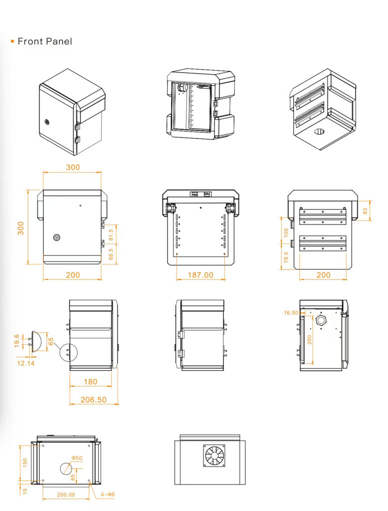 Controlled drawing for a compact outdoor enclosure with fan and cable-entry dimensions