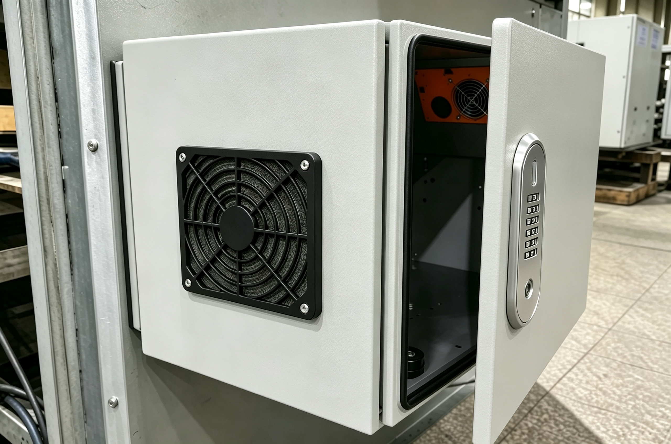 Filter fan installed on the side panel of an industrial electrical enclosure