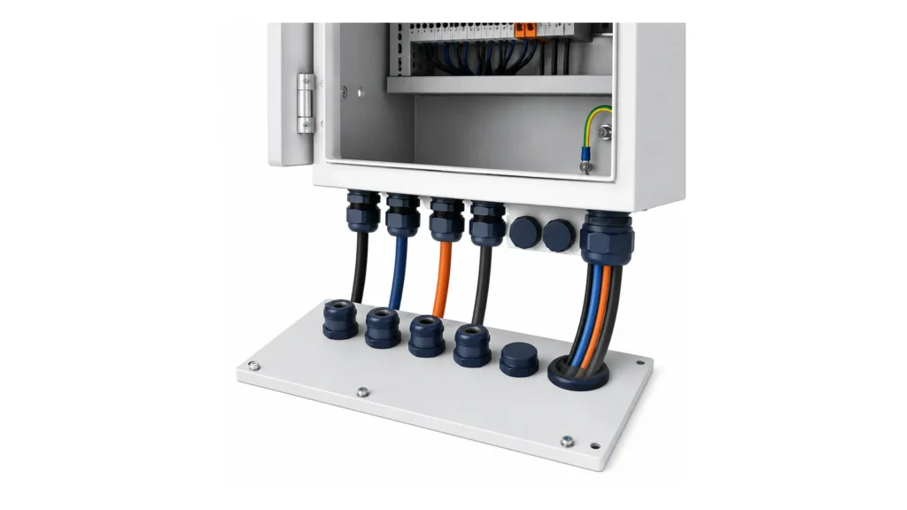 Cable entry gland plate showing cable count, sealing, bending space, and spare capacity