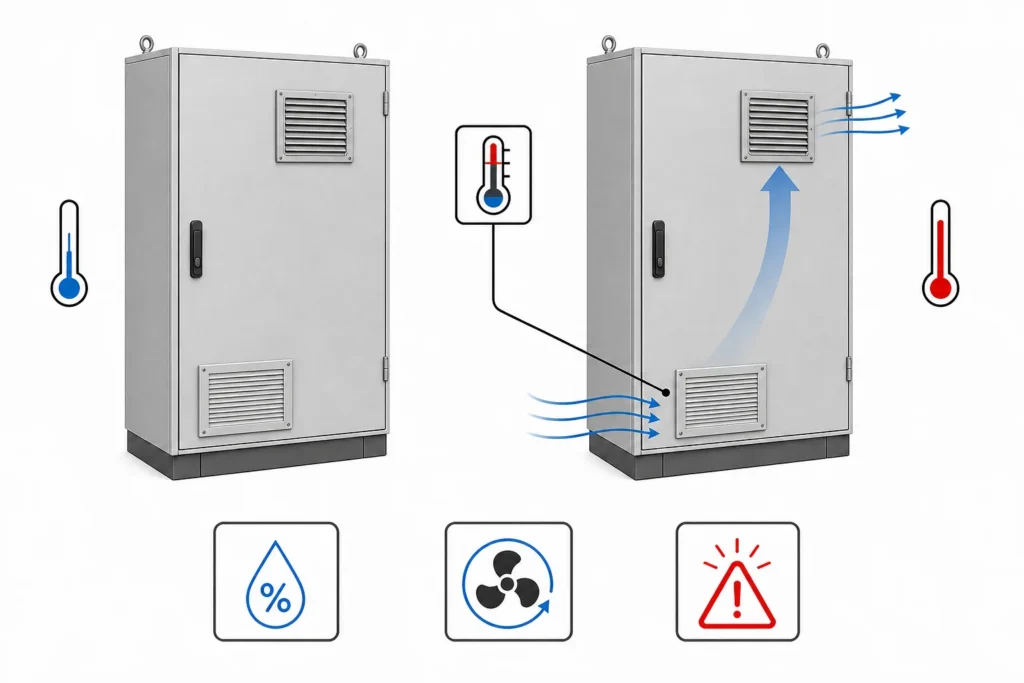 Thermostat control sequence switching an electrical enclosure filter fan as cabinet temperature rises