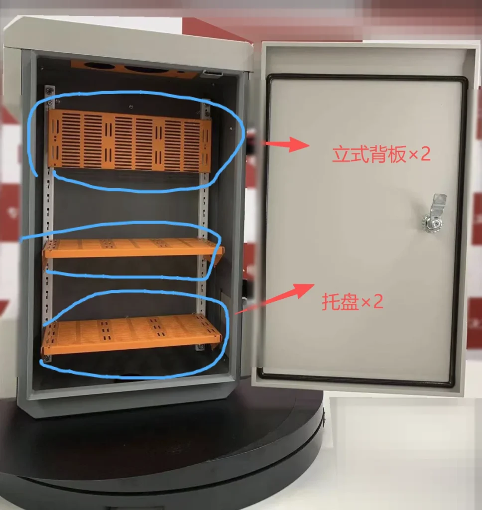 Outdoor enclosure interior marked to show two vertical backplates and two equipment trays