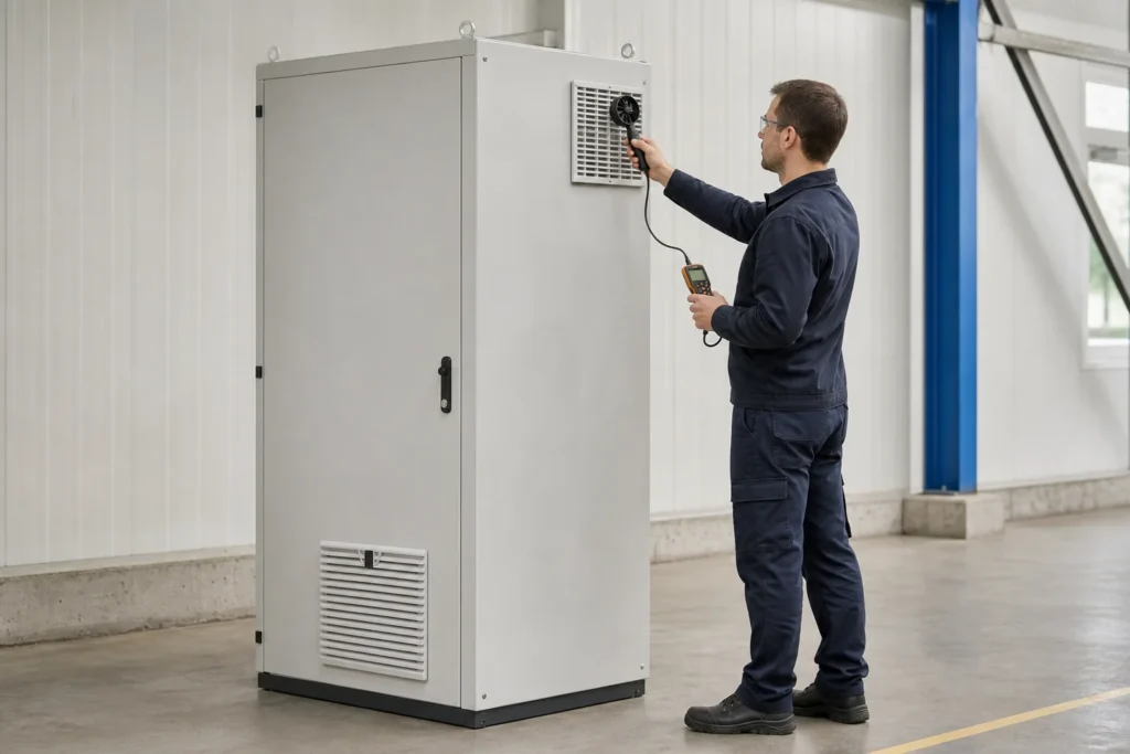 Technician measuring airflow at the outlet grille of a closed electrical cabinet with the filter installed