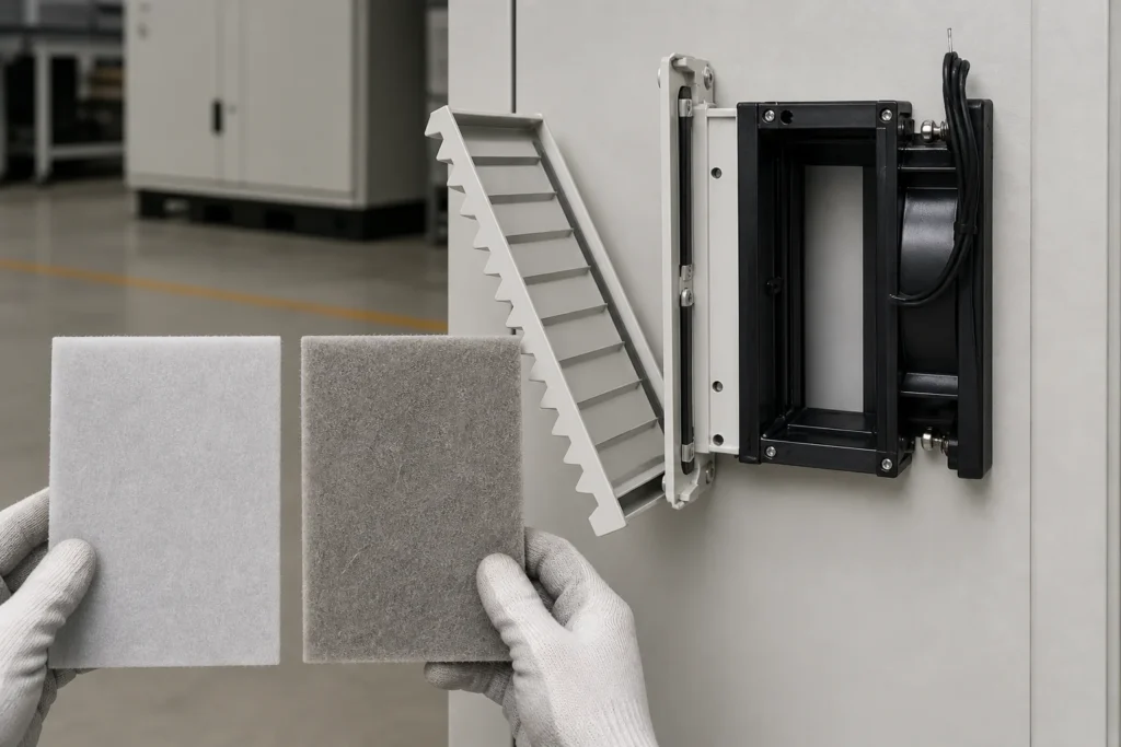Clean and dust-loaded filter mats beside an open enclosure filter fan with an empty filter slot