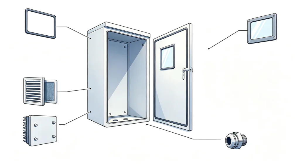 Electrical enclosure showing the door, gasket, concealed hinges, flat metal lock, cable entry, window, fan, mounting, and field cut-out interfaces.