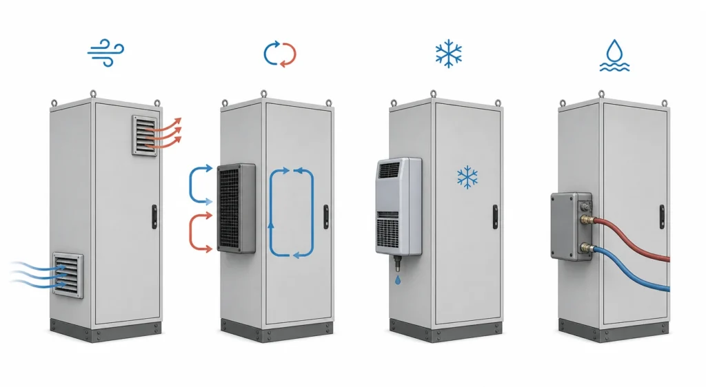 Comparison of enclosure cooling using a filter fan, heat exchanger, air conditioner and air-to-water unit