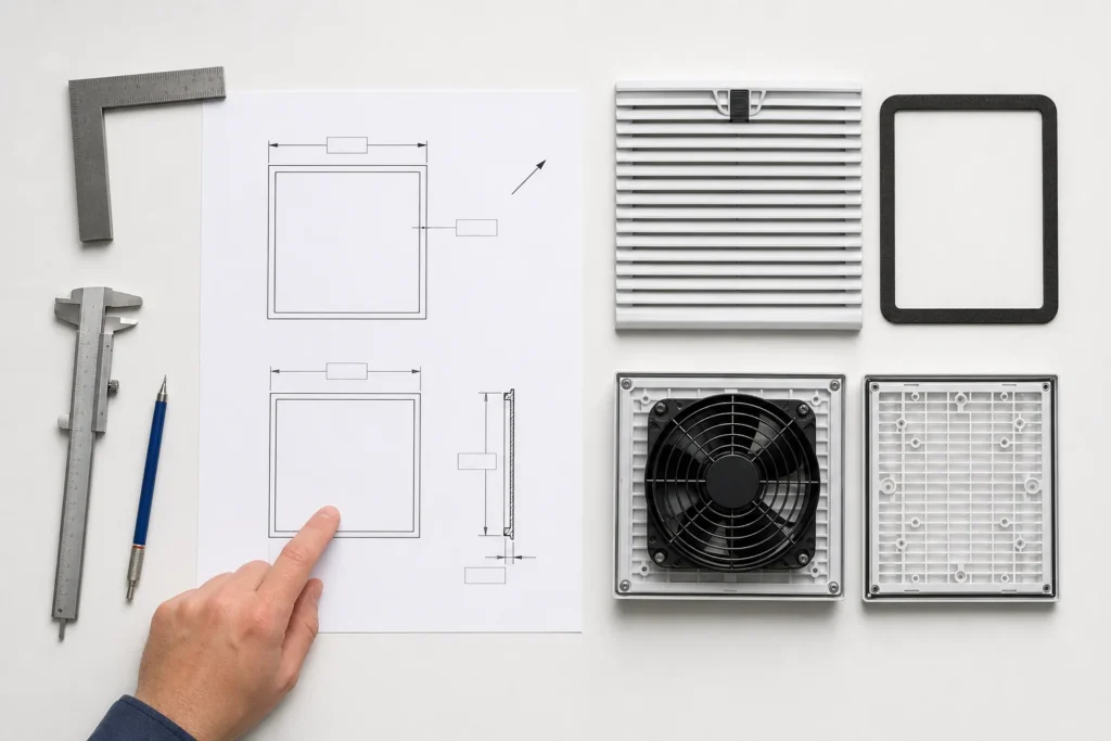 Engineer reviewing a square filter fan cutout drawing with matching gasket, fan frame, louver and outlet grille