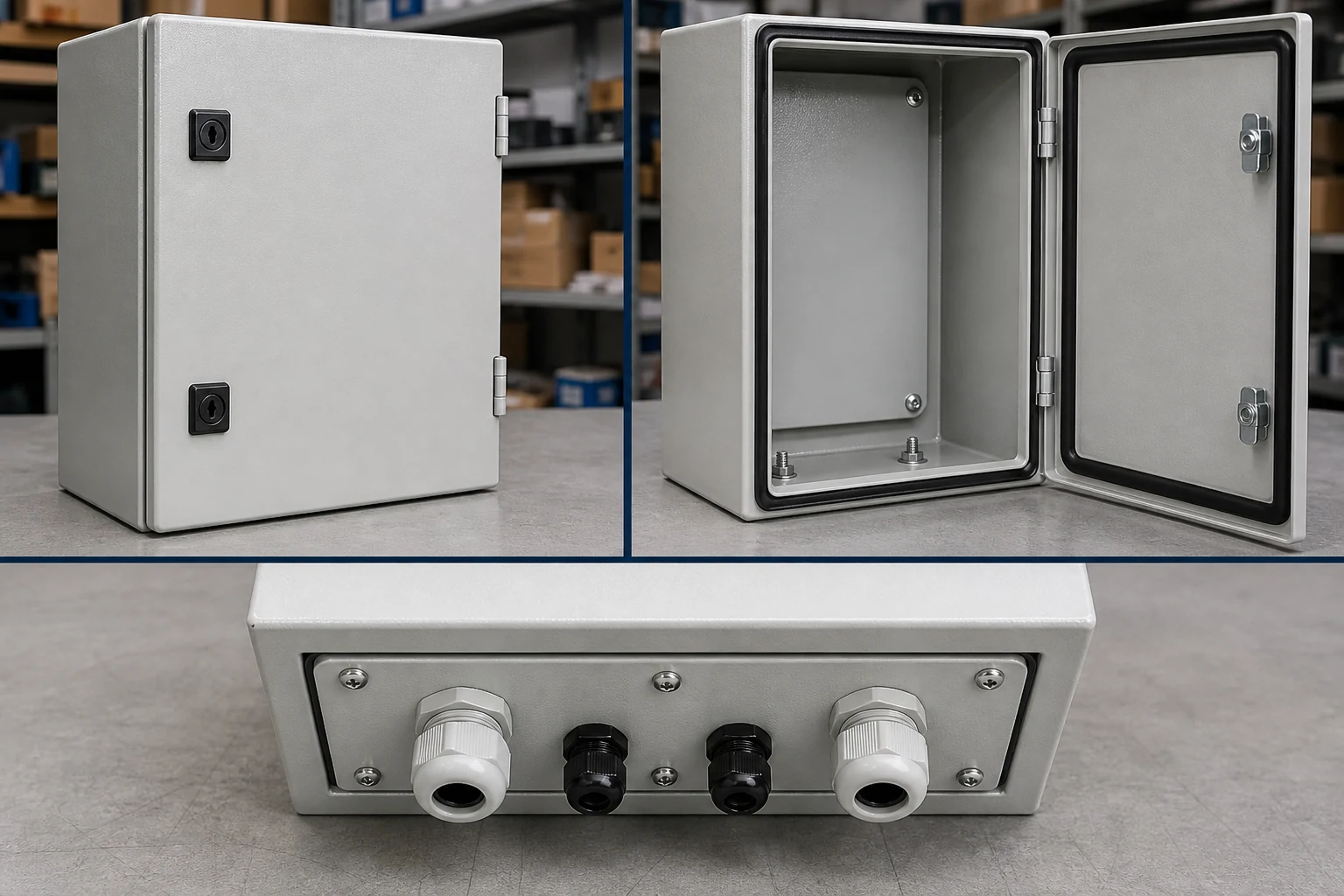 Three inspection views of a finished electrical enclosure configuration