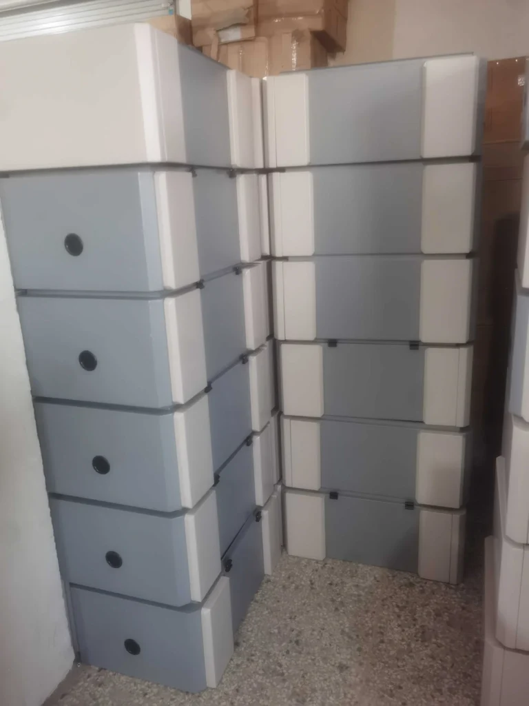 Outdoor electrical enclosure units stacked before packing