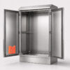 4a229f6d11cfdb760301fc52f734ffbe Open stainless steel double-door electrical enclosure with internal mounting rails and rain hood