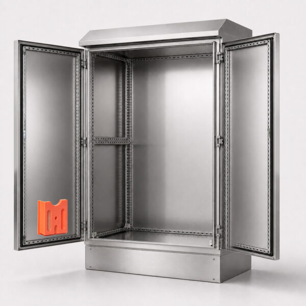 4a229f6d11cfdb760301fc52f734ffbe Open stainless steel double-door electrical enclosure with internal mounting rails and rain hood