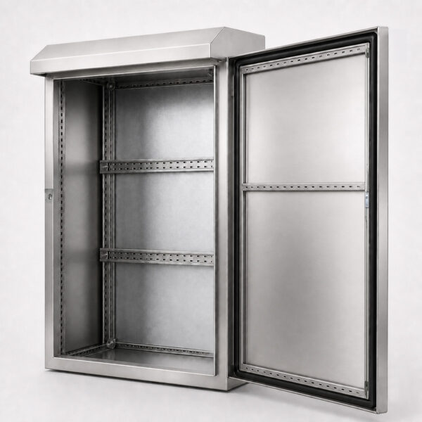 5d3464052e5928f21e88b143c002fb39 Open stainless steel single-door electrical enclosure with gasketed door and adjustable mounting rails